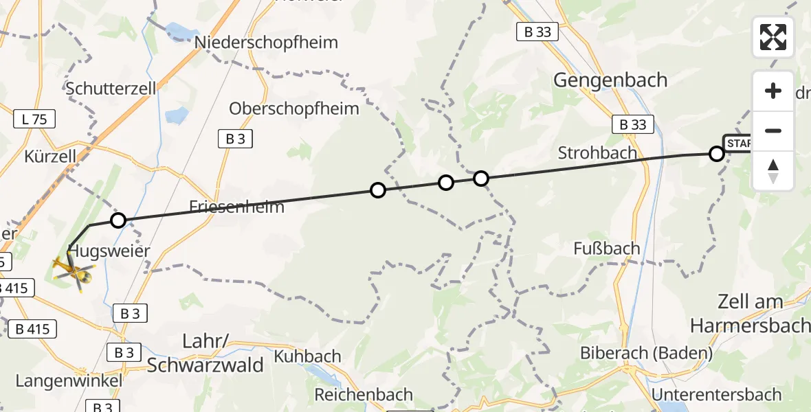 Flugroute Rettungshubschrauber Nordrach - Lahr Flughafen, 13 August 2026, 07:31