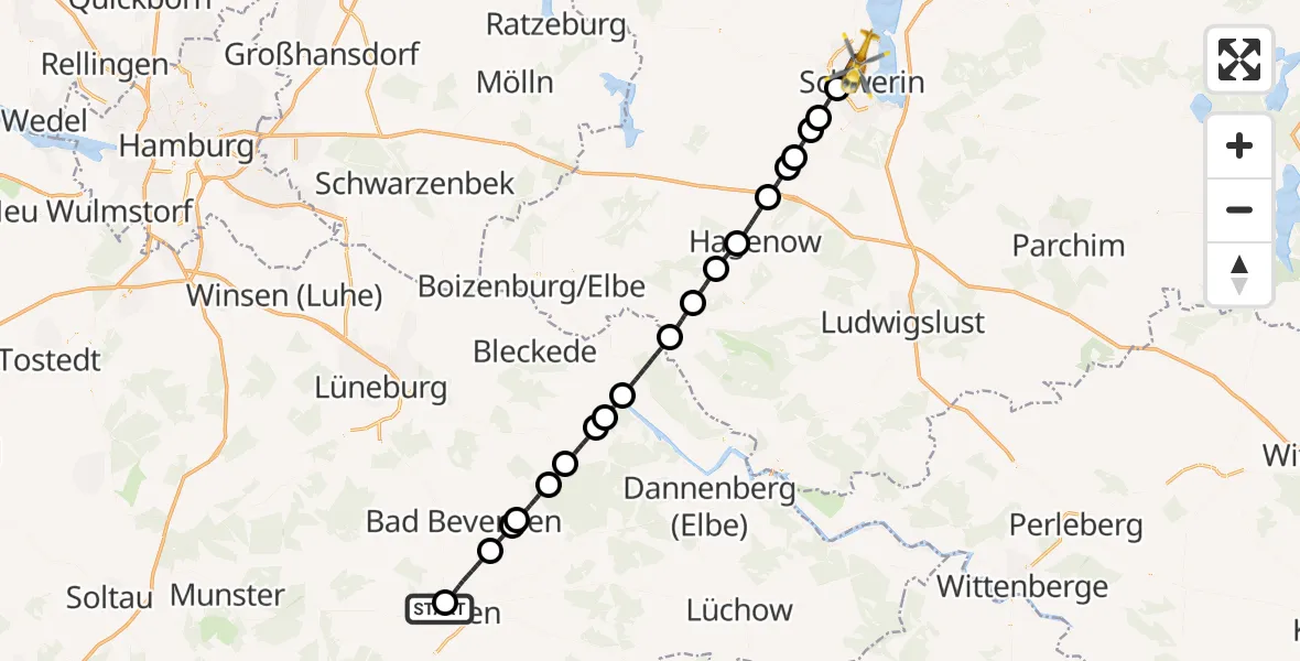 Flugroute Rettungshubschrauber ADAC Air Rescue Station Uelzen Hubschrauberlandeplatz (Christoph 19) - Schwerin, 13 August 2026, 07:38