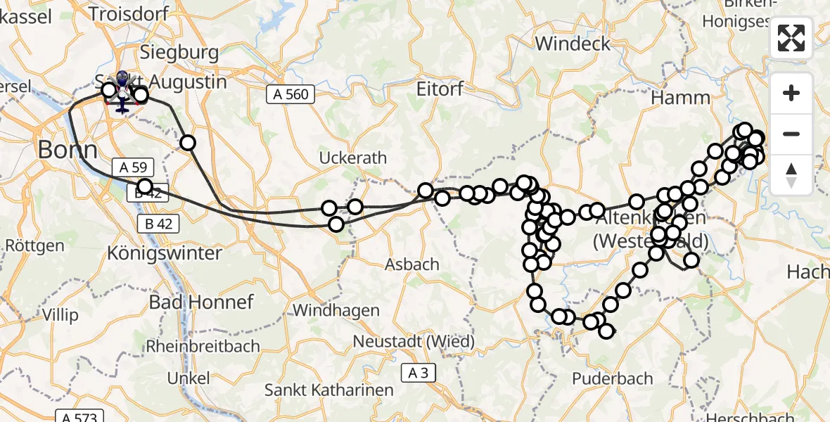 Flugroute Polizeihubschrauber Bonn-Hangelar Flugplatz - Sankt Augustin, 13 August 2026, 07:43
