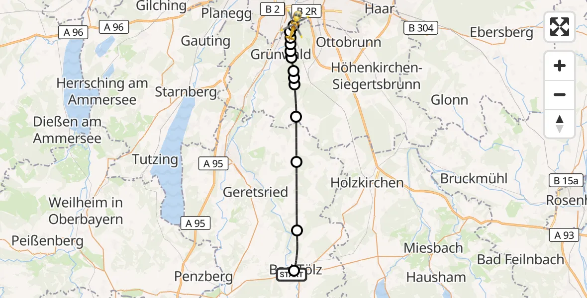 Flugroute Rettungshubschrauber Asklepios Clinic Bad Tölz - ADAC Air Rescue Center Hubschrauberlandeplatz (Christoph 1), 13 August 2026, 07:45