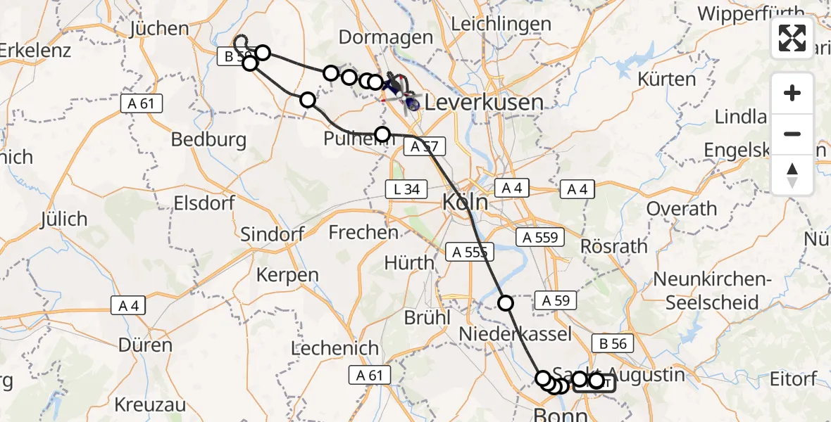 Flugroute Polizeihubschrauber Sankt Augustin - Köln, 13 August 2026, 07:45