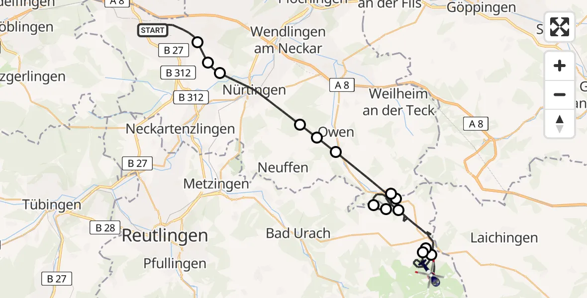 Flugroute Polizeihubschrauber Flughafen Stuttgart - Gutsbezirk Münsingen, 13 August 2026, 07:46