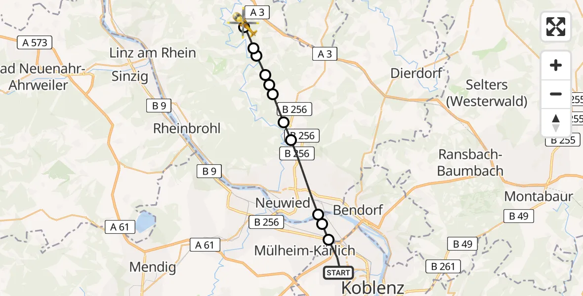 Flugroute Rettungshubschrauber Koblenz - Neustadt (Wied), 13 August 2026, 07:46