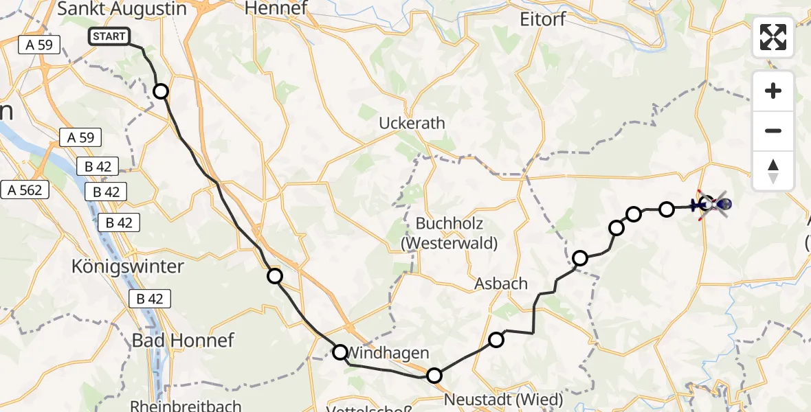 Flugroute Polizeihubschrauber Sankt Augustin - Weyerbusch, 13 August 2026, 07:52