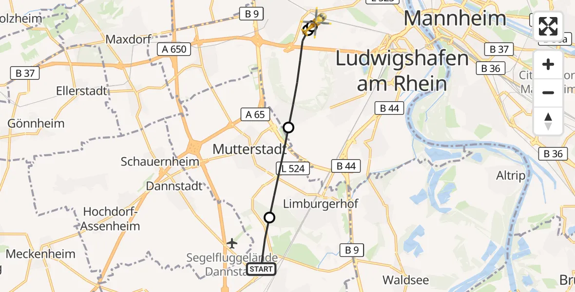 Flugroute Rettungshubschrauber Schifferstadt - Ludwigshafen Accident Hospital, 13 August 2026, 07:52
