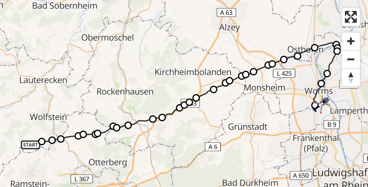 Flugroute Polizeihubschrauber Jettenbach - Worms Flugplatz, 13 August 2026, 07:54