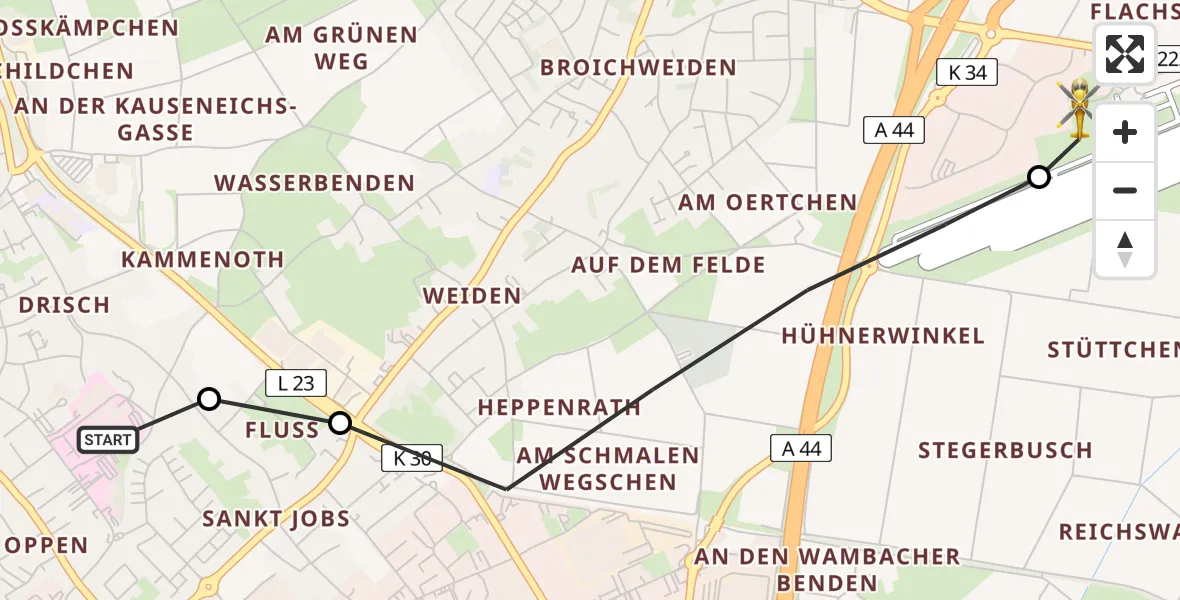 Flugroute Rettungshubschrauber Rhein-Maas Hospital - Aachen-Merzbrück Flughafen, 13 August 2026, 07:55