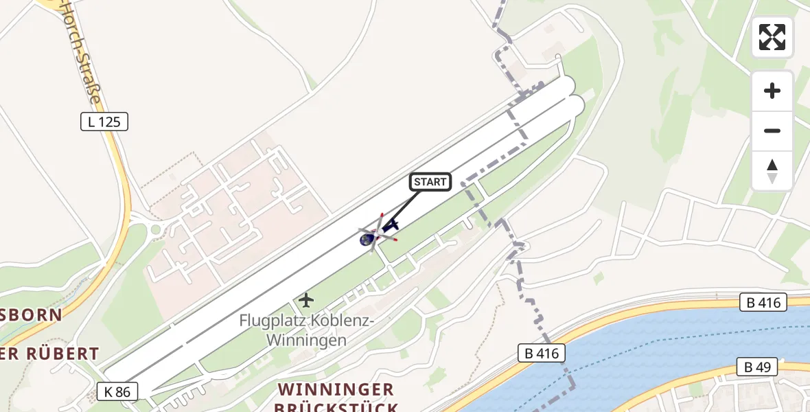 Flugroute Polizeihubschrauber Koblenz-Winningen Flugplatz - Koblenz-Winningen Flugplatz, 13 August 2026, 07:58
