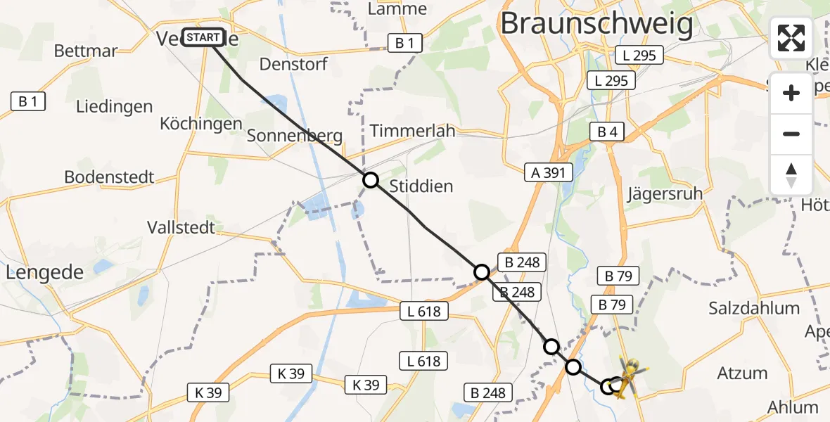 Flugroute Rettungshubschrauber Vechelde - Wolfenbüttel Municipal Hospital Heliport (Christoph 30), 13 August 2026, 07:58