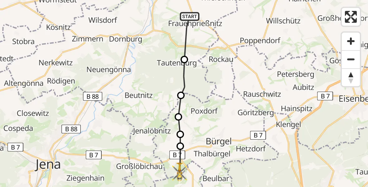 Flugroute Rettungshubschrauber Frauenprießnitz - Bürgel, 13 August 2026, 08:02