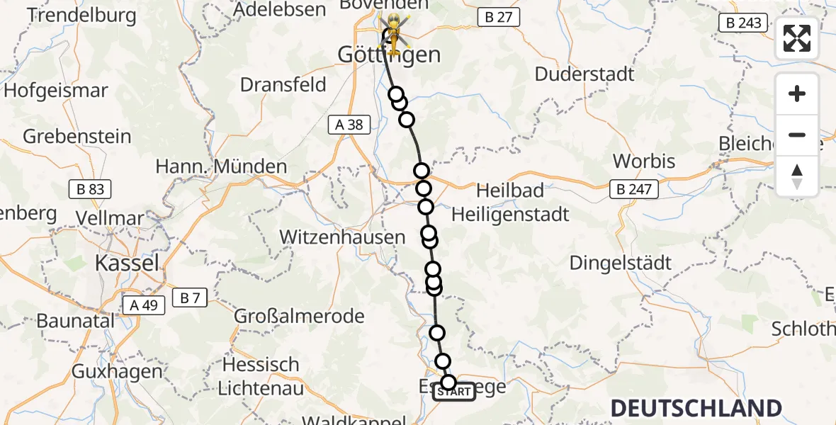 Flugroute Rettungshubschrauber Werra-Meißner Eschwege Hospital - Göttingen University Clinic Hubschrauberlandeplatz, 13 August 2026, 08:05