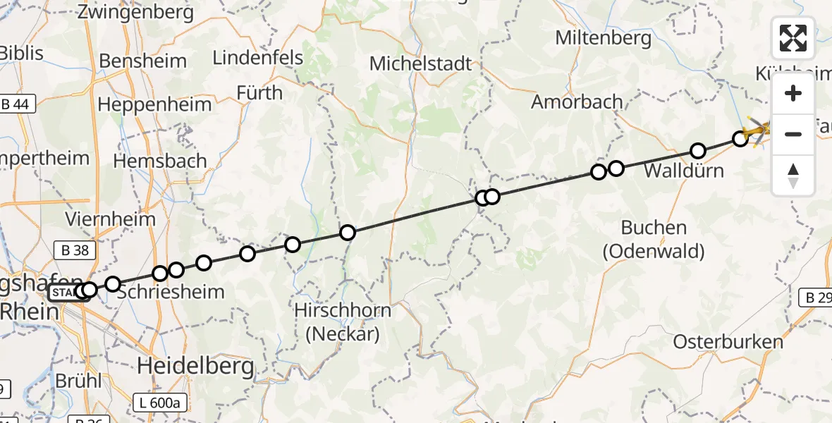 Flugroute Rettungshubschrauber Mannheim-City Flughafen - Hardheim, 13 August 2026, 08:07