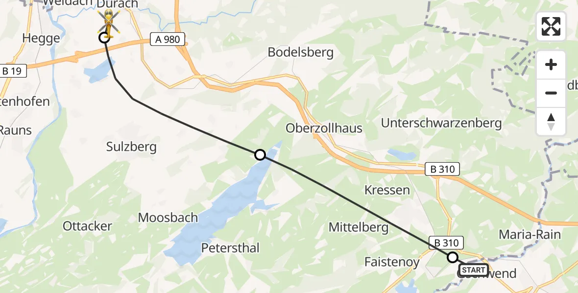 Flugroute Rettungshubschrauber Nesselwang - Kempten-Durach Flugplatz, 13 August 2026, 08:07