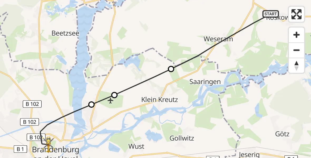 Flugroute Rettungshubschrauber Roskow - Brandenburg an der Havel, 13 August 2026, 08:07