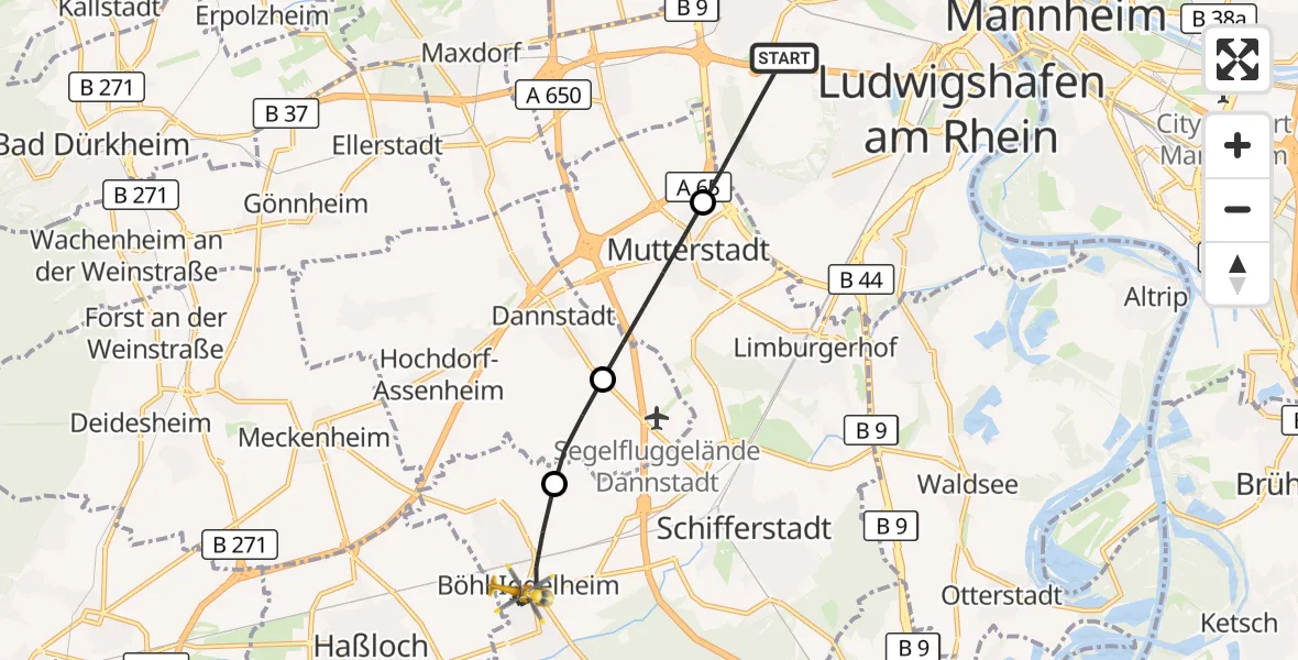 Flugroute Rettungshubschrauber Ludwigshafen am Rhein - Böhl-Iggelheim, 13 August 2026, 08:08
