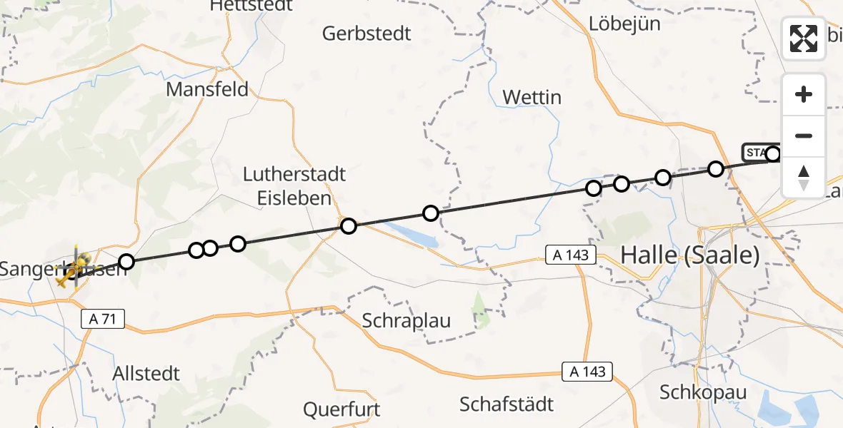 Flugroute Rettungshubschrauber Halle-Oppin Flugplatz - Helios Clinic Mansfeld-Südharz, 13 August 2026, 08:11