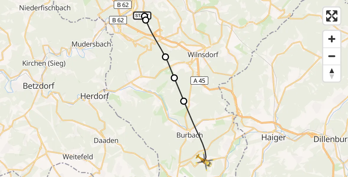 Flugroute Rettungshubschrauber Evangelisches Jung-Stilling Hospital - Burbach, 13 August 2026, 08:18
