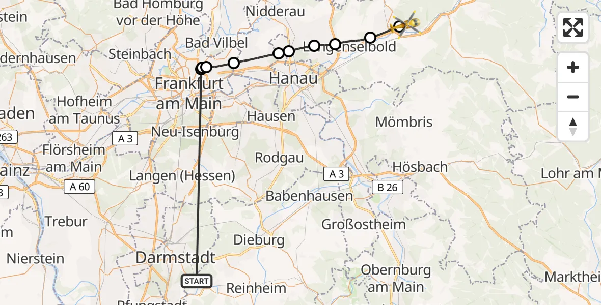 Flugroute Rettungshubschrauber Mühltal - Gelnhausen, 13 August 2026, 08:19