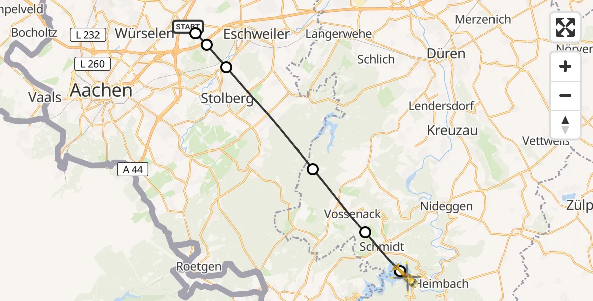 Flugroute Rettungshubschrauber Aachen-Merzbrück Flughafen - Heimbach, 13 August 2026, 08:20