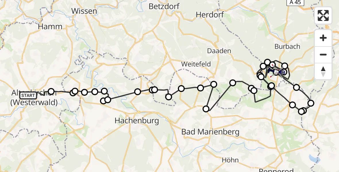 Flugroute Polizeihubschrauber Altenkirchen (Westerwald) - Burbach, 13 August 2026, 08:21