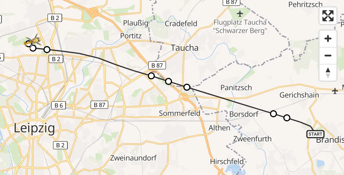 Flugroute Rettungshubschrauber Brandis - Sankt Georg Hospital Leipzig Reserve, 13 August 2026, 08:24