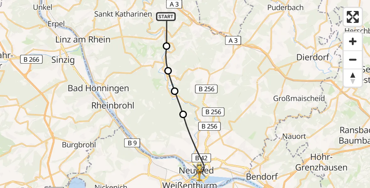 Flugroute Rettungshubschrauber Neustadt (Wied) - Neuwied, 13 August 2026, 08:27