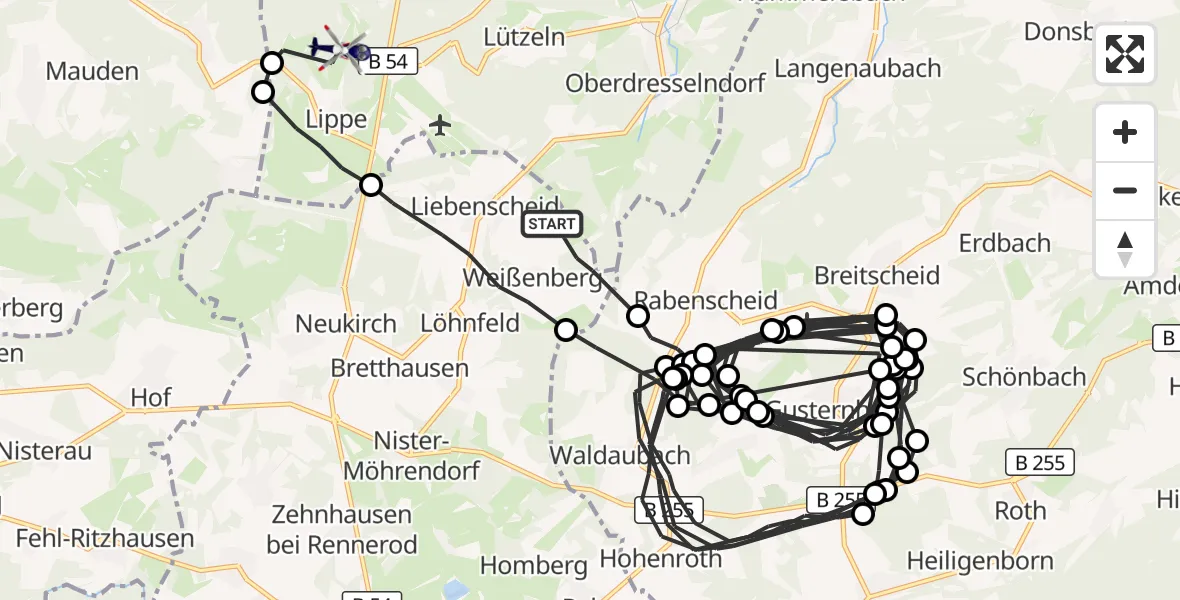 Flugroute Polizeihubschrauber Liebenscheid - Burbach, 13 August 2026, 08:30