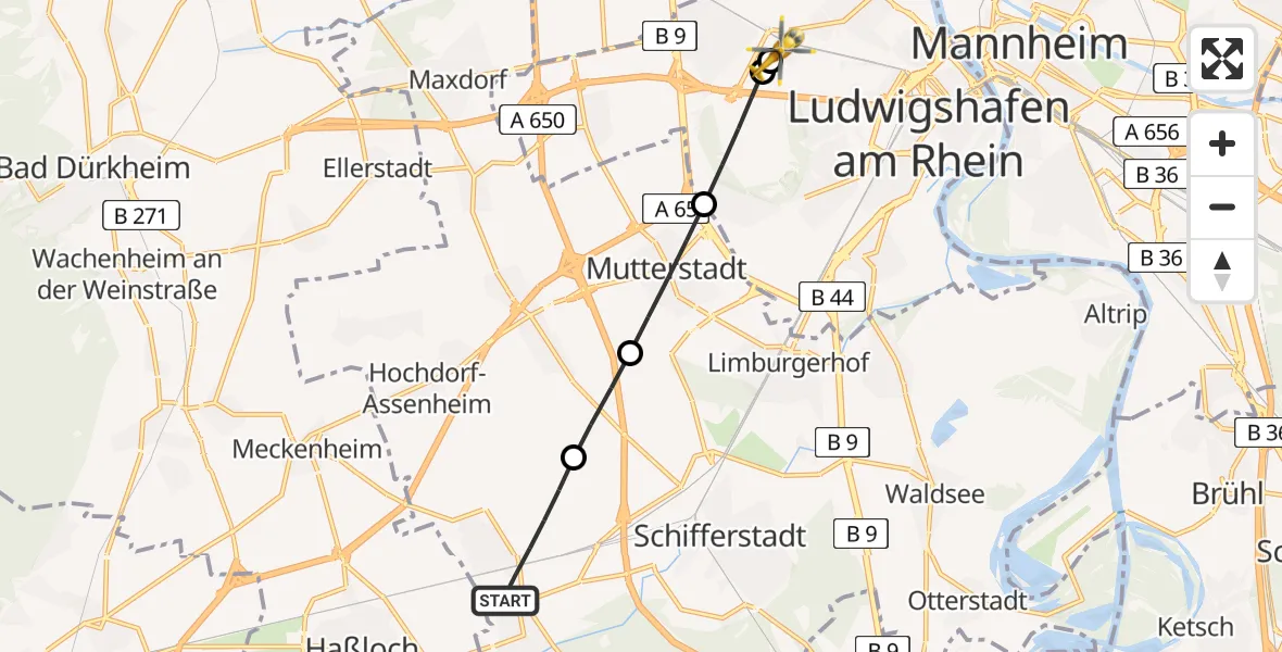Flugroute Rettungshubschrauber Böhl-Iggelheim - Ludwigshafen Accident Hospital, 13 August 2026, 08:32