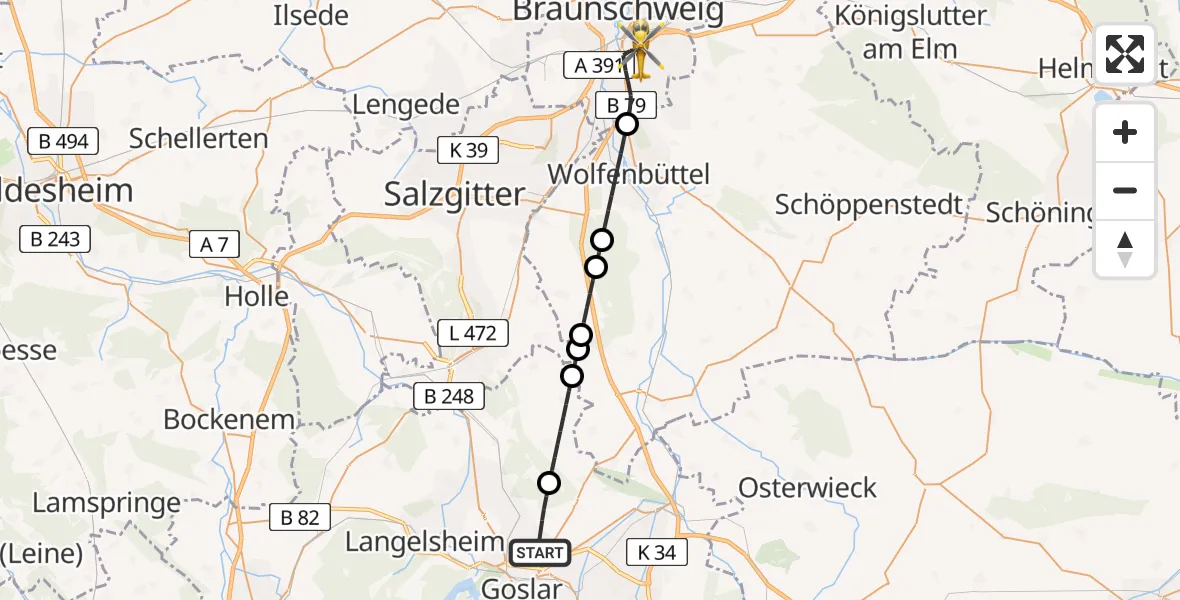 Flugroute Rettungshubschrauber Goslar - Braunschweig, 13 August 2026, 08:37