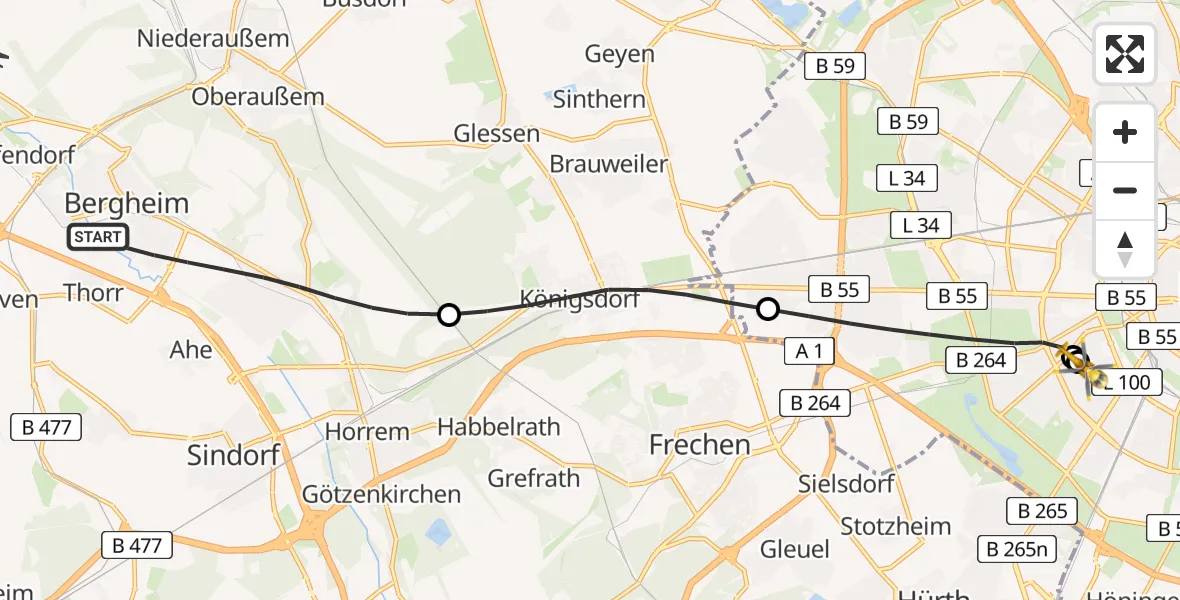 Flugroute Rettungshubschrauber Bergheim - Köln University Hospital, 13 August 2026, 08:38