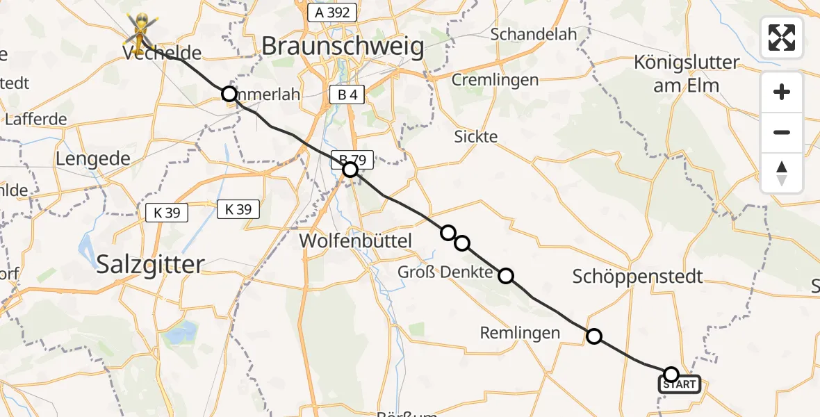 Flugroute Rettungshubschrauber Gevensleben - Vechelde, 13 August 2026, 08:38