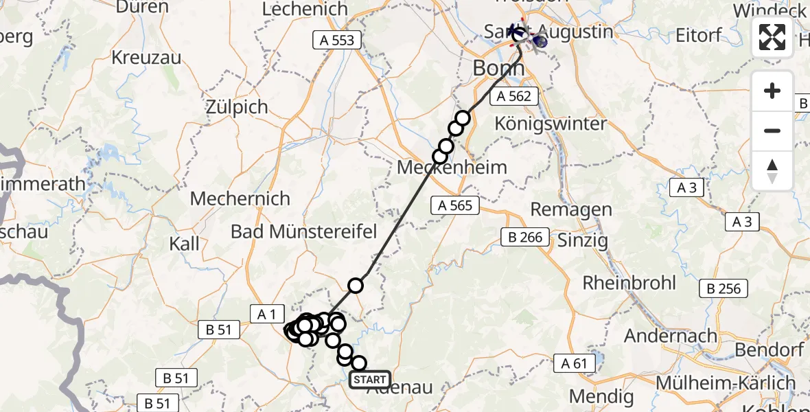 Flugroute Polizeihubschrauber Rodder - Sankt Augustin, 13 August 2026, 08:40