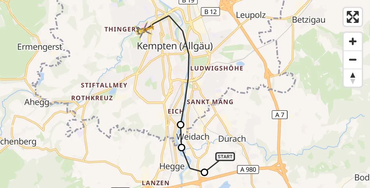 Flugroute Rettungshubschrauber Kempten-Durach Flugplatz - Kempten (Allgäu), 13 August 2026, 08:43