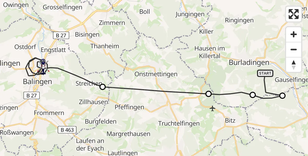 Flugroute Polizeihubschrauber Burladingen - Balingen, 13 August 2026, 08:45