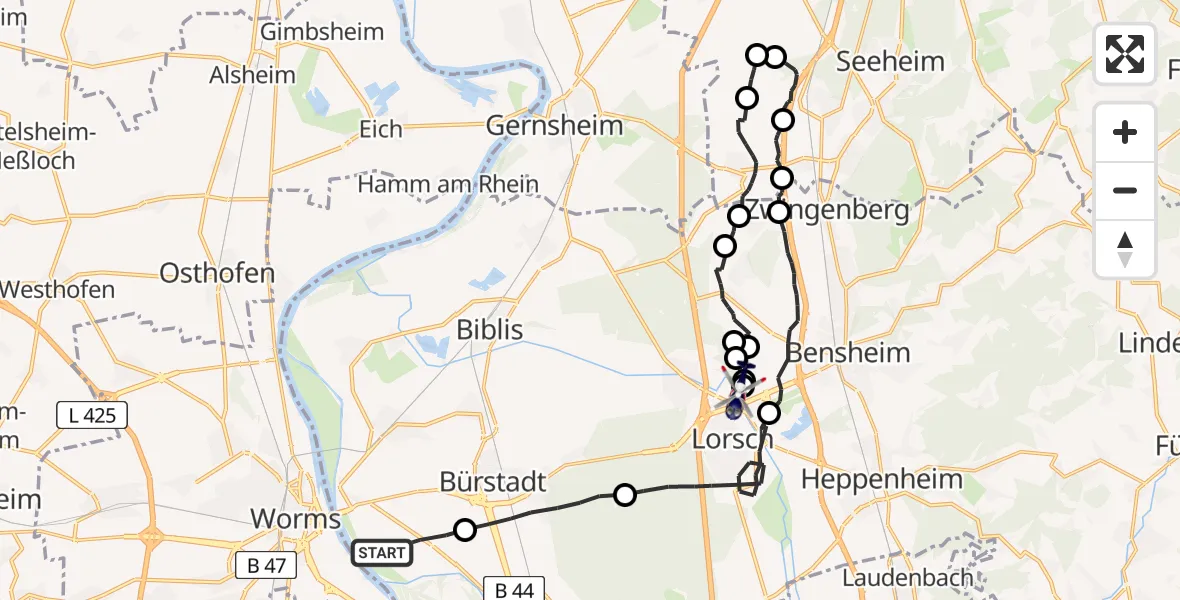 Flugroute Polizeihubschrauber Lampertheim - Lorsch, 13 August 2026, 08:45