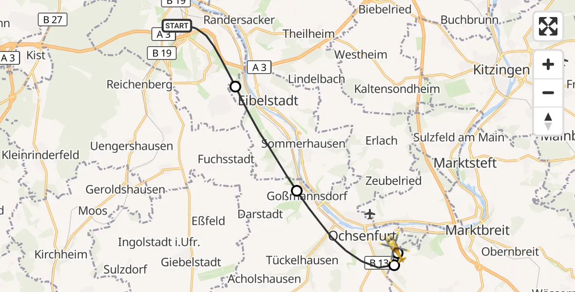 Flugroute Rettungshubschrauber Würzburg - Ochsenfurt Hospital, 13 August 2026, 08:47