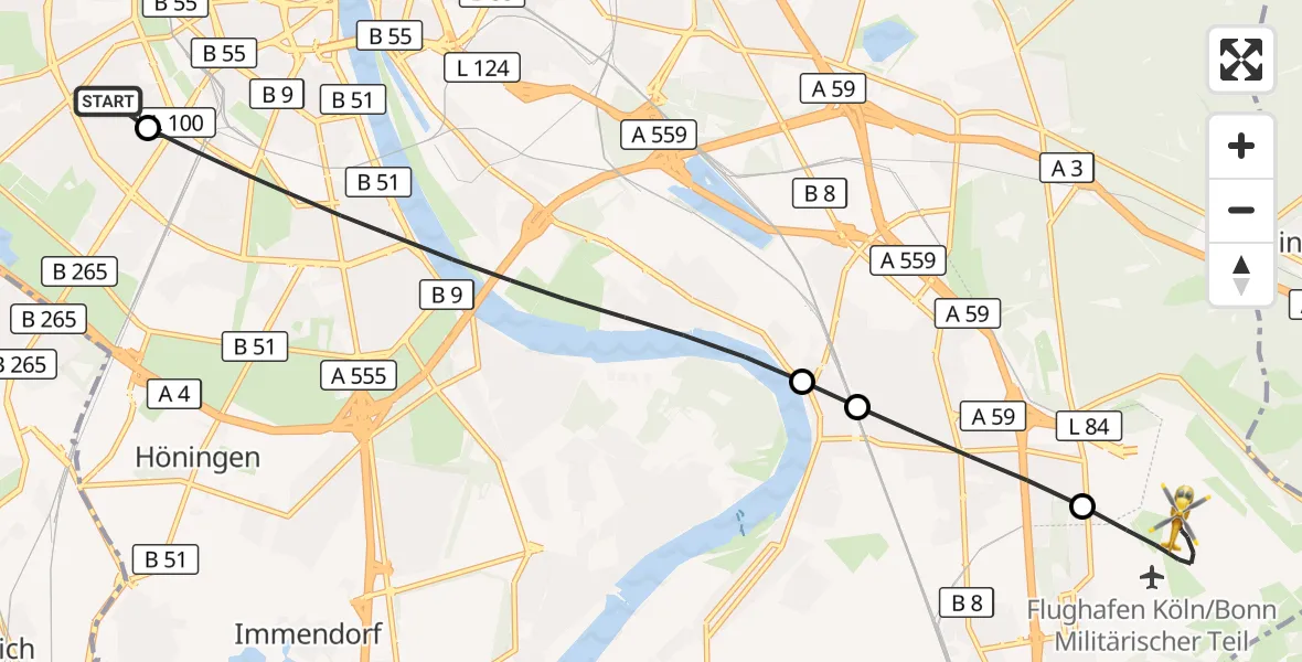 Flugroute Rettungshubschrauber Köln University Hospital - Köln Bonn Flughafen, 13 August 2026, 08:48