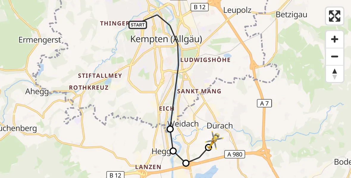 Flugroute Rettungshubschrauber Kempten (Allgäu) - Kempten-Durach Flugplatz, 13 August 2026, 08:48