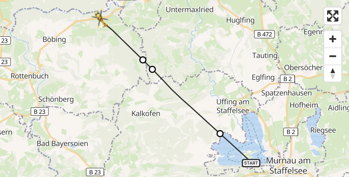 Flugroute Rettungshubschrauber Seehausen a.Staffelsee - Böbing, 13 August 2026, 08:49