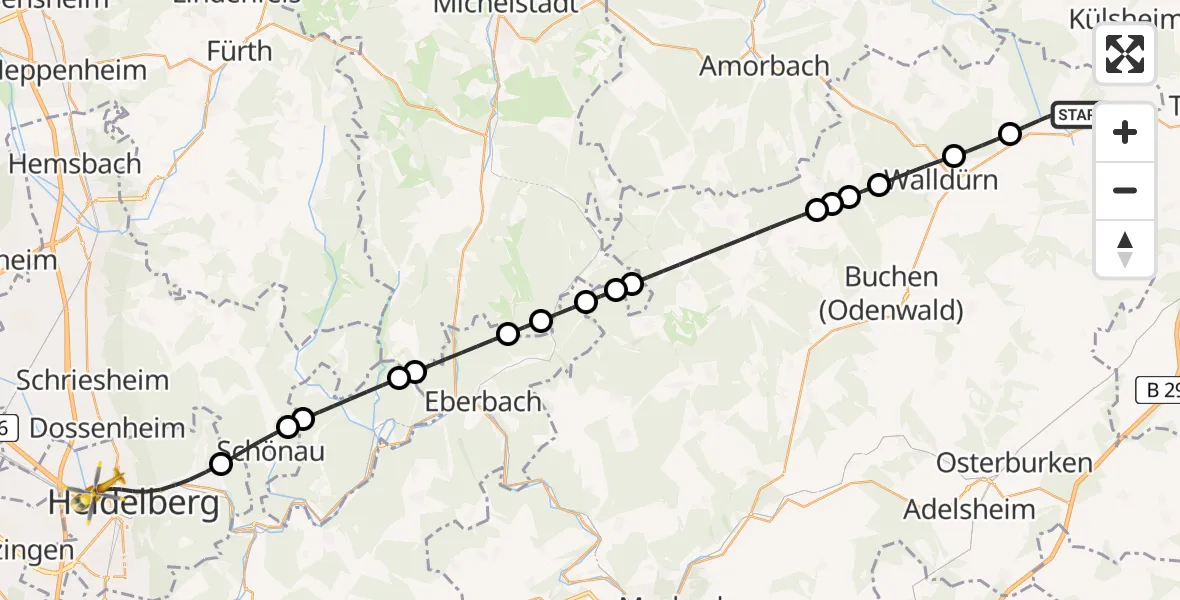 Flugroute Rettungshubschrauber Hardheim - Heidelberg, 13 August 2026, 08:51
