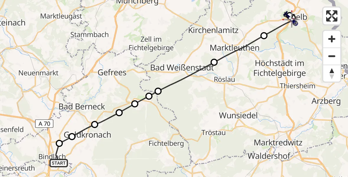 Flugroute Polizeihubschrauber Bayreuth Flughafen - Selb, 13 August 2026, 08:53