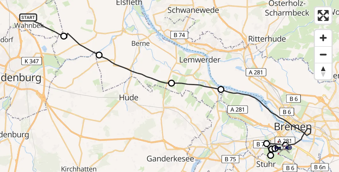 Flugroute Polizeihubschrauber Rastede - Flughafen Bremen, 13 August 2026, 08:59