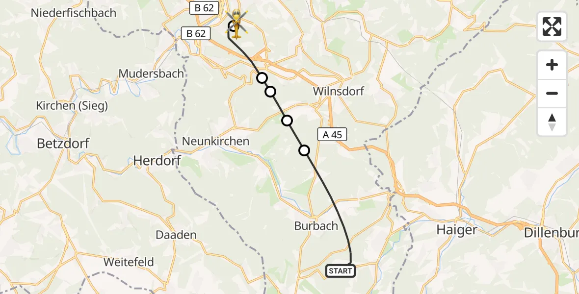 Flugroute Rettungshubschrauber Burbach - Evangelisches Jung-Stilling Hospital, 13 August 2026, 09:01