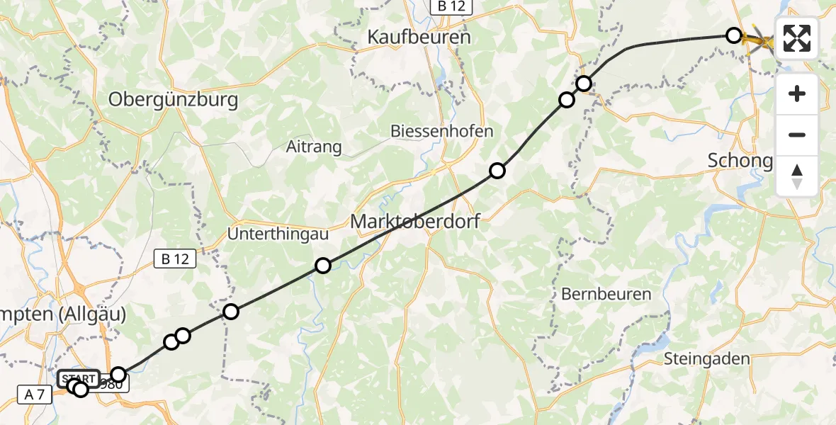 Flugroute Rettungshubschrauber Kempten-Durach Flugplatz - Kinsau, 13 August 2026, 09:05