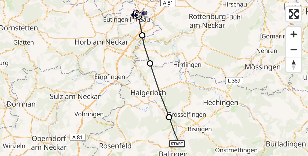 Flugroute Polizeihubschrauber Balingen - Eutingen Flugplatz, 13 August 2026, 09:05