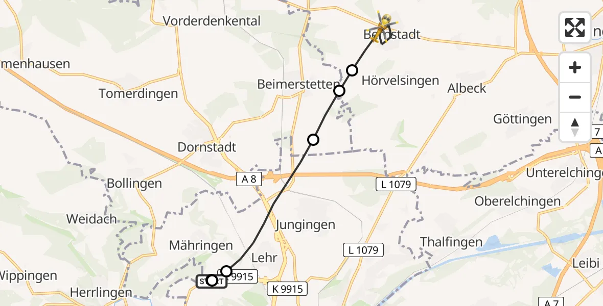 Flugroute Rettungshubschrauber Ulm Military Hospital Emergency - Bernstadt, 13 August 2026, 09:05