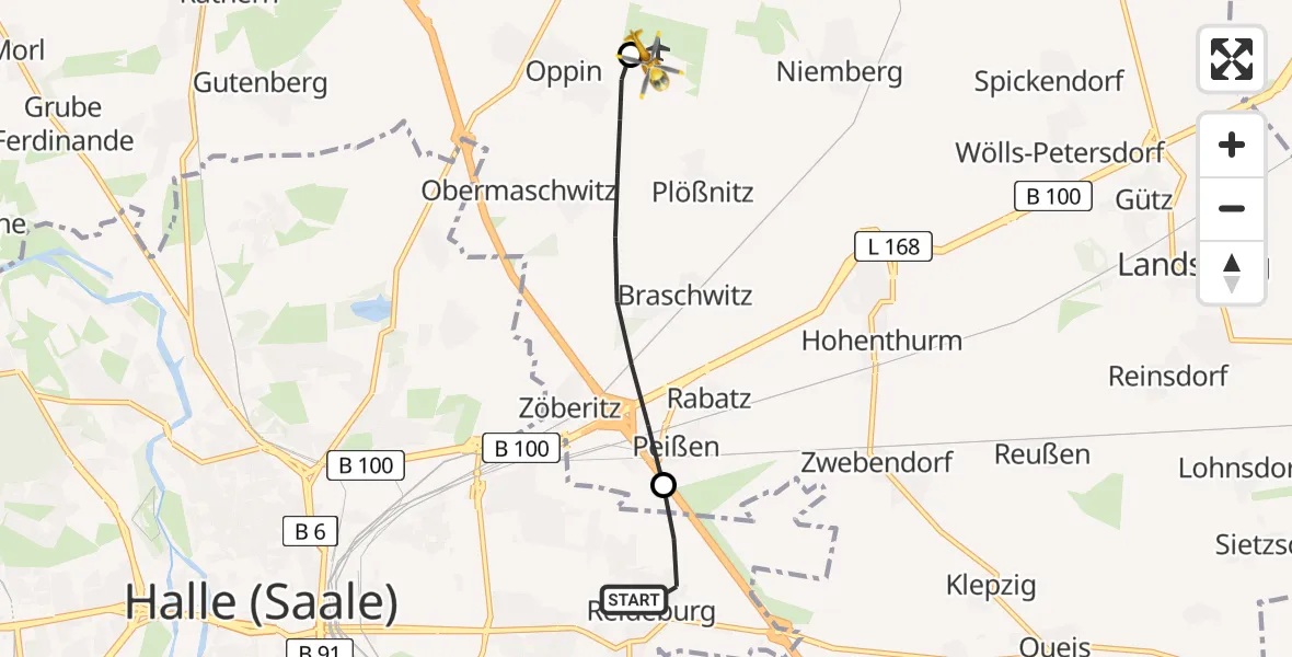 Flugroute Rettungshubschrauber Halle (Saale) - Halle-Oppin Flugplatz, 13 August 2026, 09:08