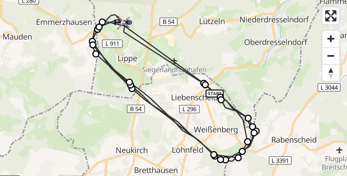 Flugroute Polizeihubschrauber Liebenscheid - Burbach, 13 August 2026, 09:09