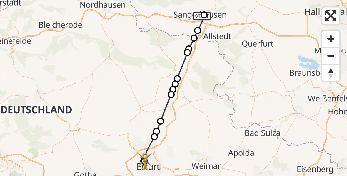 Flugroute Rettungshubschrauber Helios Clinic Mansfeld-Südharz - Helios Clinic Erfurt, 13 August 2026, 09:10