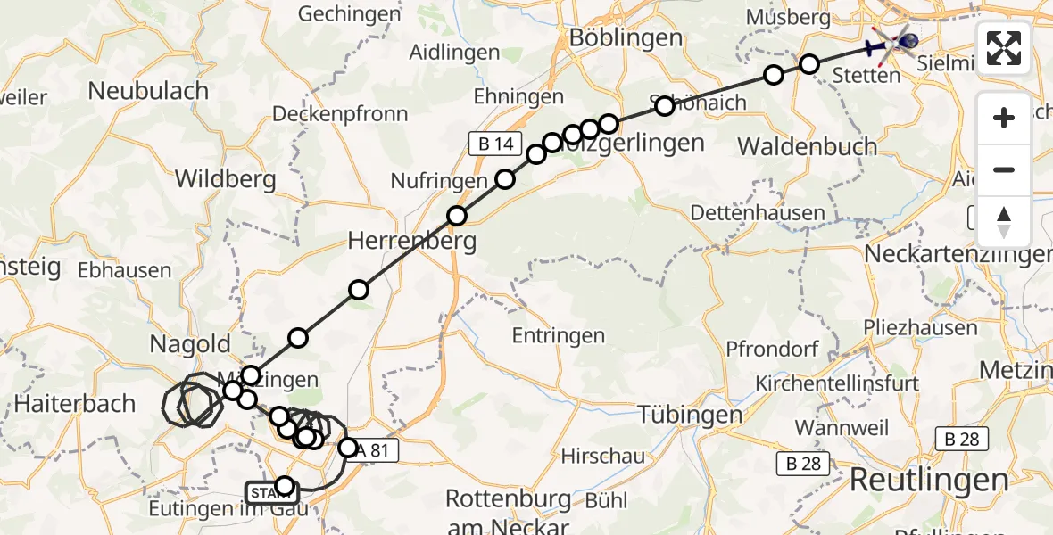 Flugroute Polizeihubschrauber Eutingen Flugplatz - Flughafen Stuttgart, 13 August 2026, 09:14